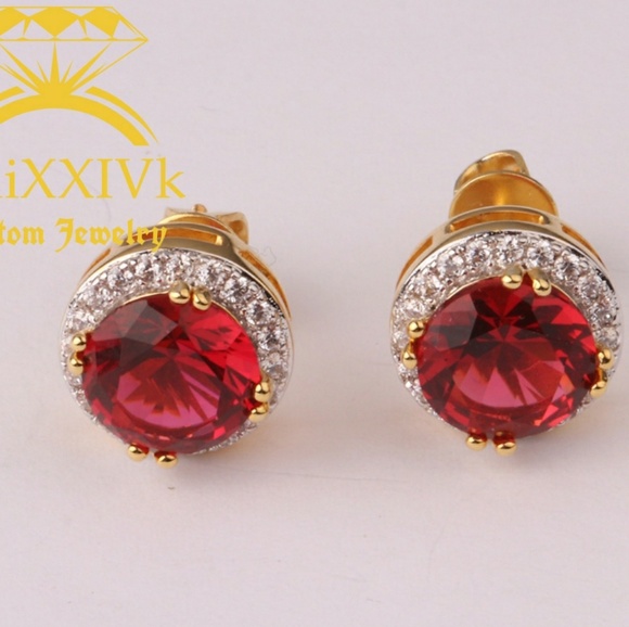 Iced Out Custom Studded Red Gem Stone Earrings - Picture 1 of 3
